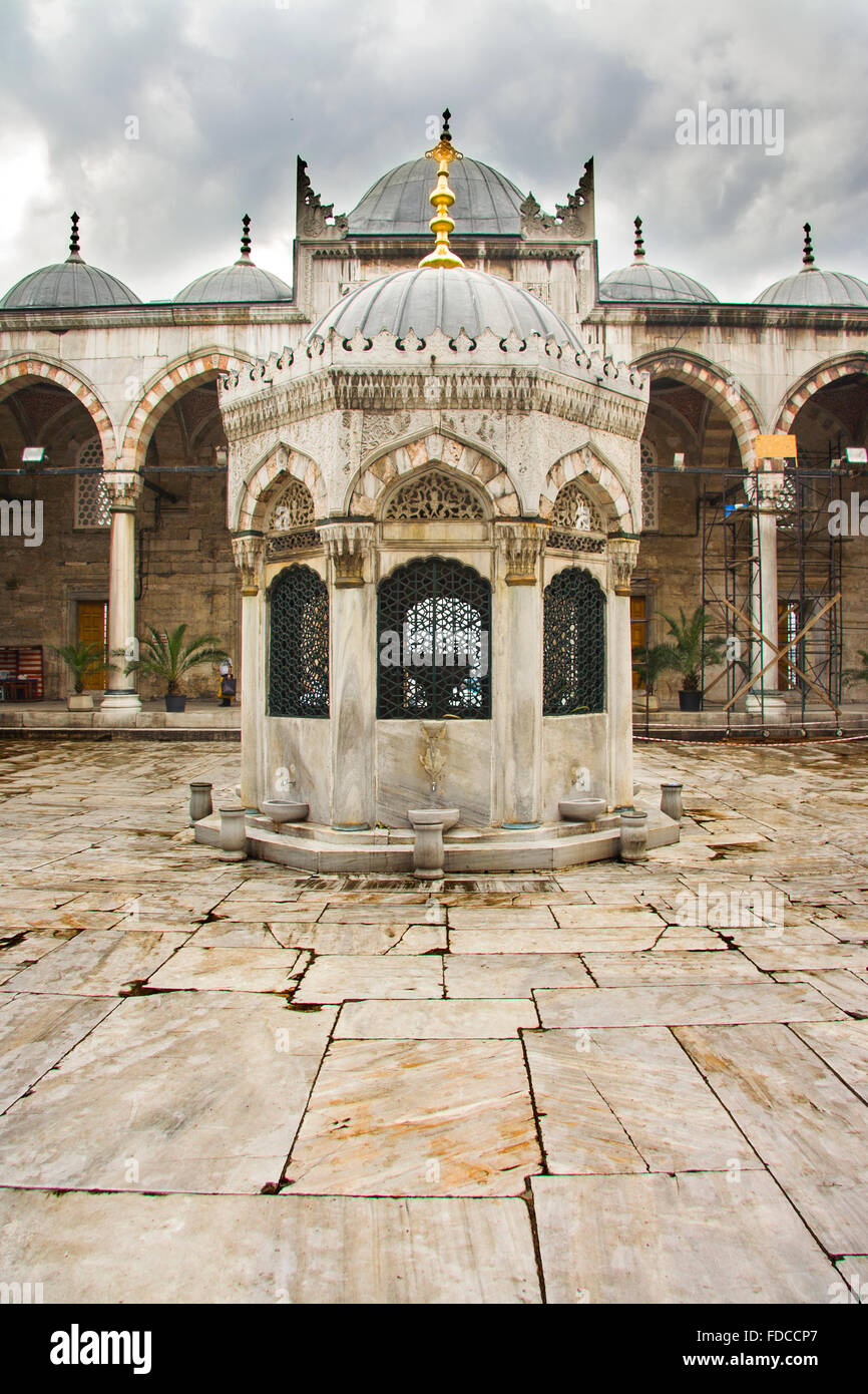 Cour de Yeni Cami, la nouvelle mosquée à Istanbul. Tourné en noir et blanc Banque D'Images