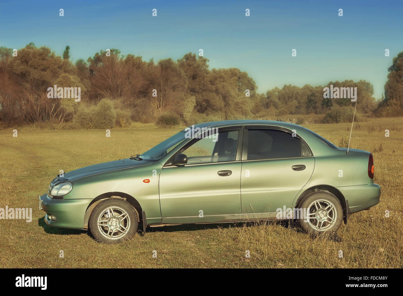 Sur la pelouse verte par la rivière est une voiture d'une couleur vert clair. Banque D'Images