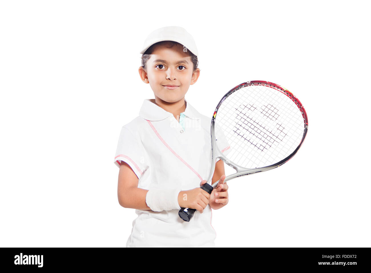 1 personne seule détermination girl kid player smiling raquette tennis succès sportif Banque D'Images