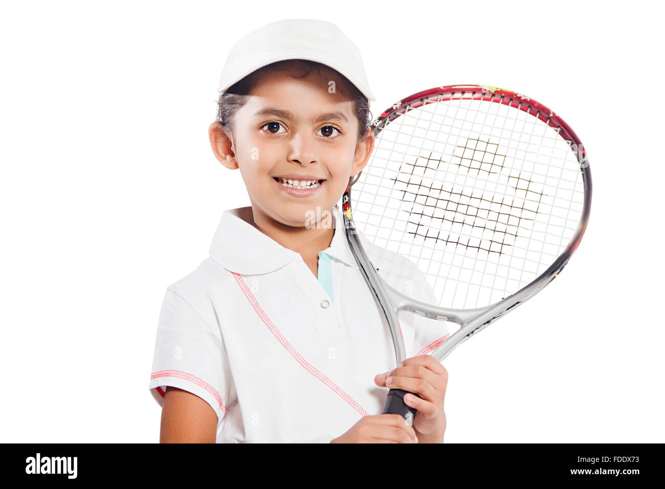 Girl hobby kid player smiling raquette tennis sports succès permanent Banque D'Images