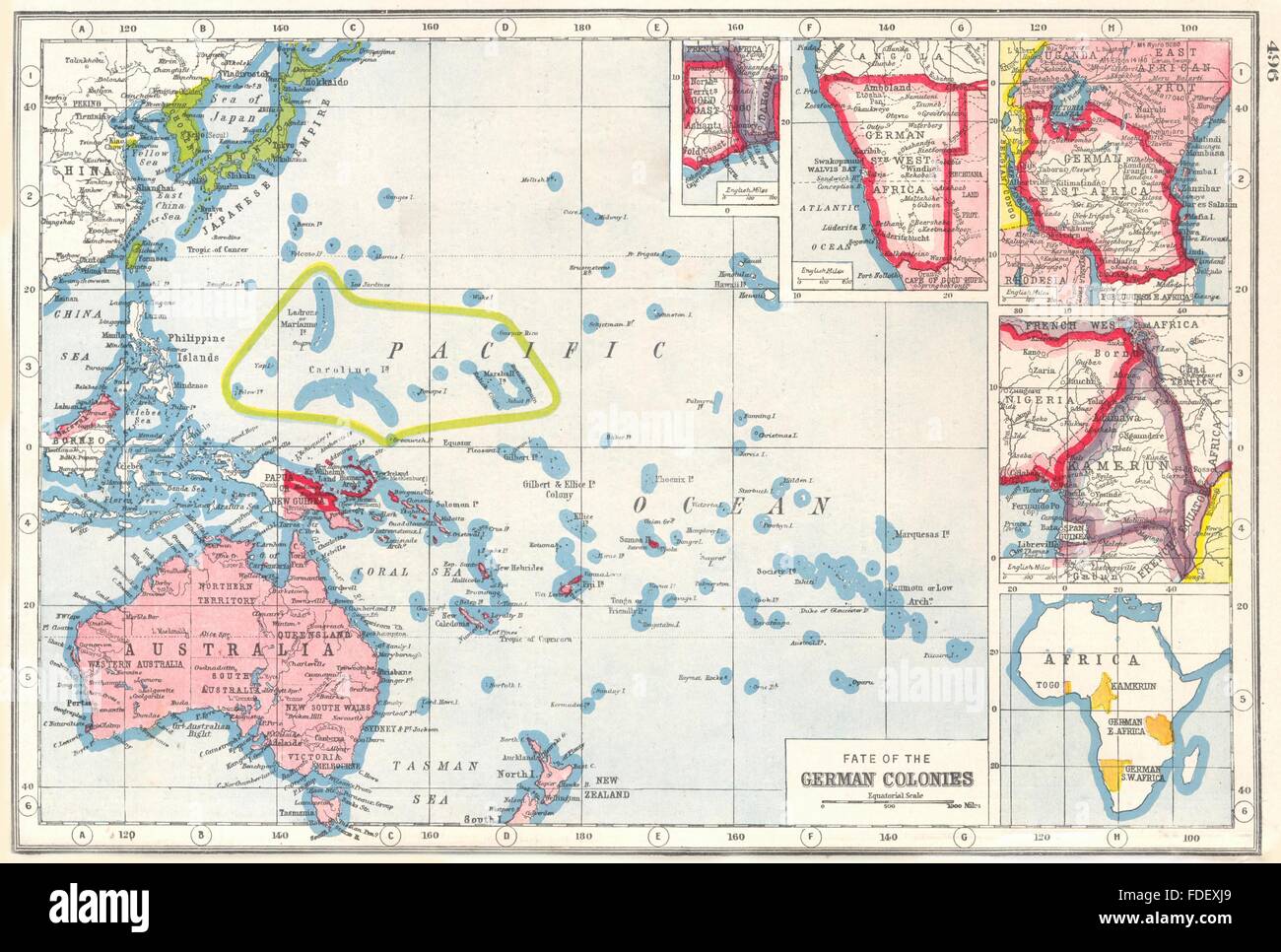 La seconde guerre mondiale 1:Sort de colonies allemandes;Namibie Cameroun Bénin Tanzanie, 1920 map Banque D'Images