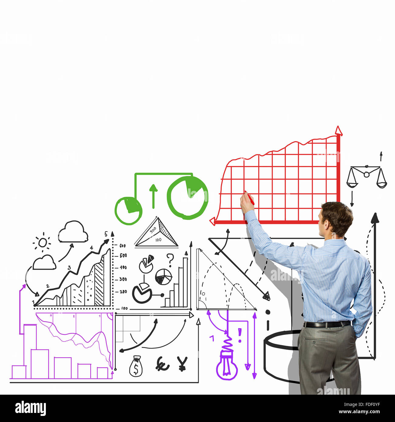 Vue arrière de l'établissement d'affaires à wall infographs Banque D'Images