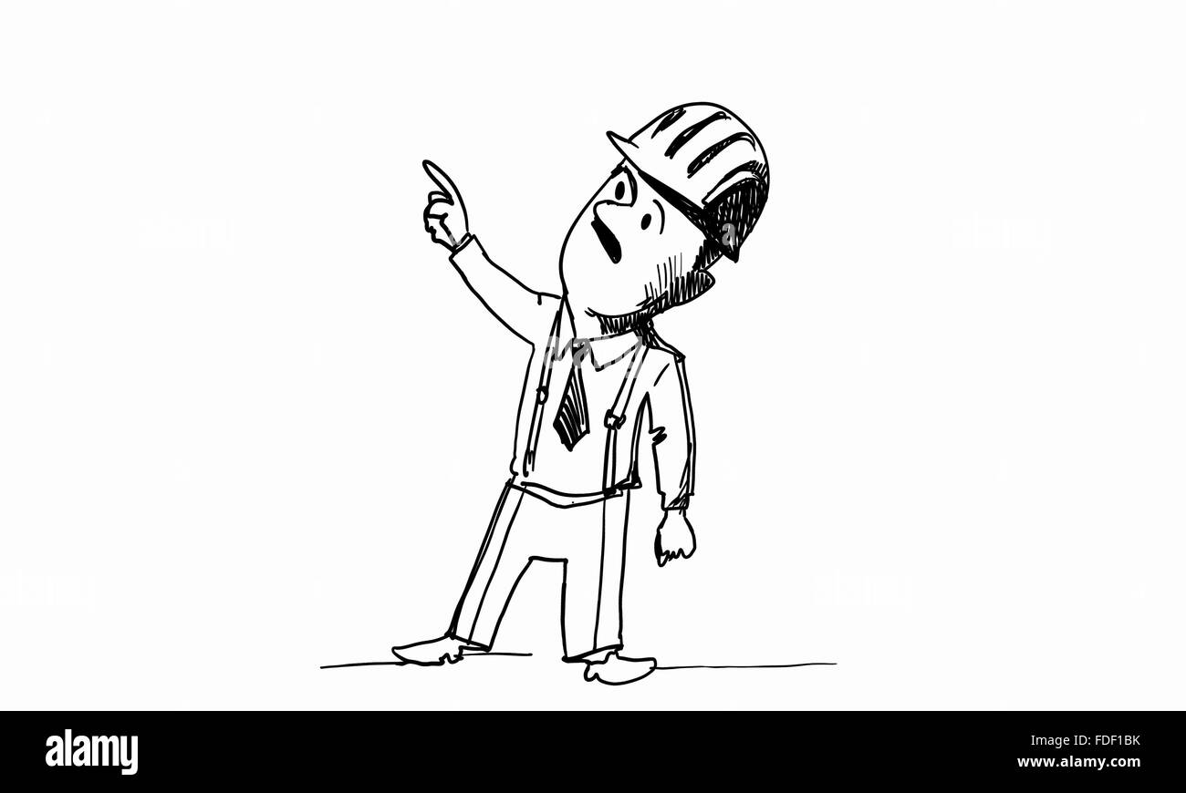 Caricature de l'homme constructeur de casque sur fond blanc Banque D'Images