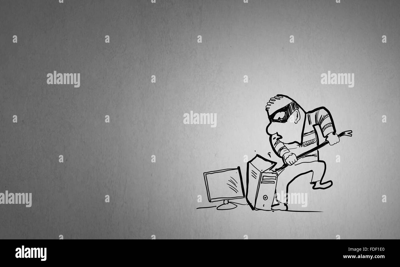 Caricature de hacker en rupture masque ordinateur Banque D'Images