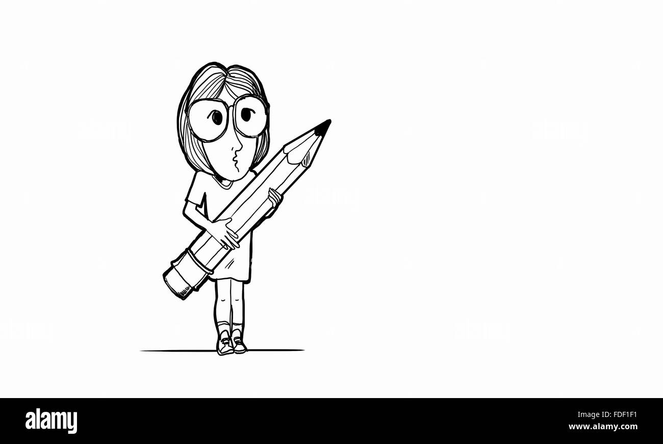 Caricature de femme avec un crayon dans les mains sur fond blanc Banque D'Images