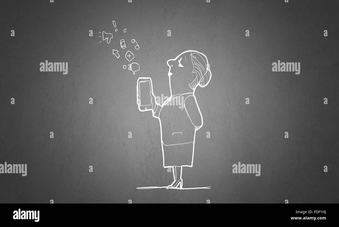 Caricature de femme drôle avec un téléphone mobile dans la main Banque D'Images