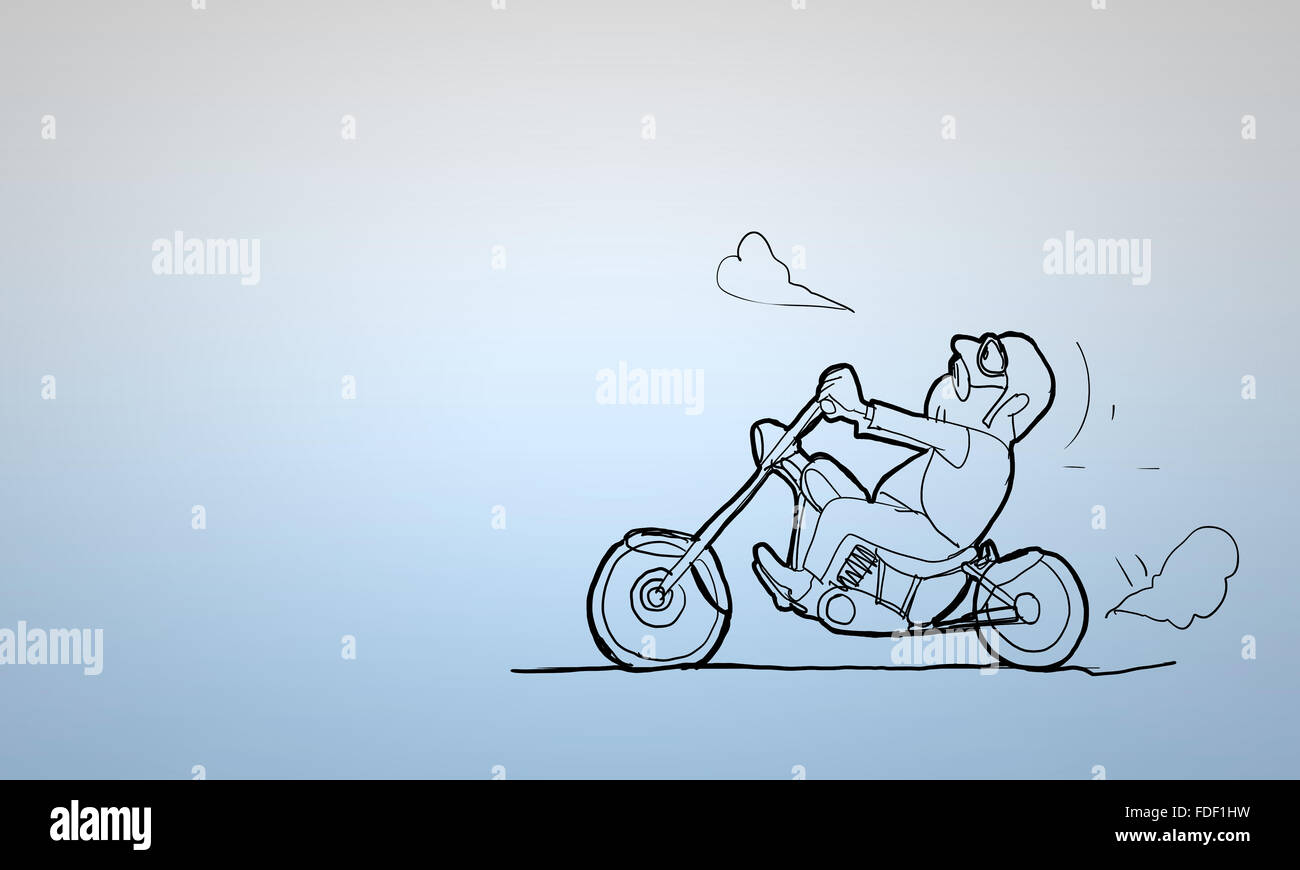 Image drôle de dessin animé du motard équitation sa moto Banque D'Images