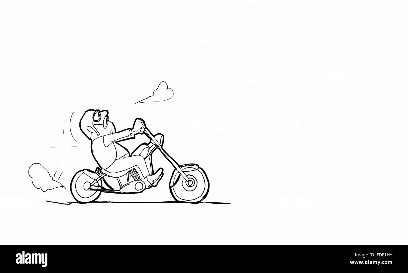 Image drôle de dessin animé du motard équitation sa moto Banque D'Images