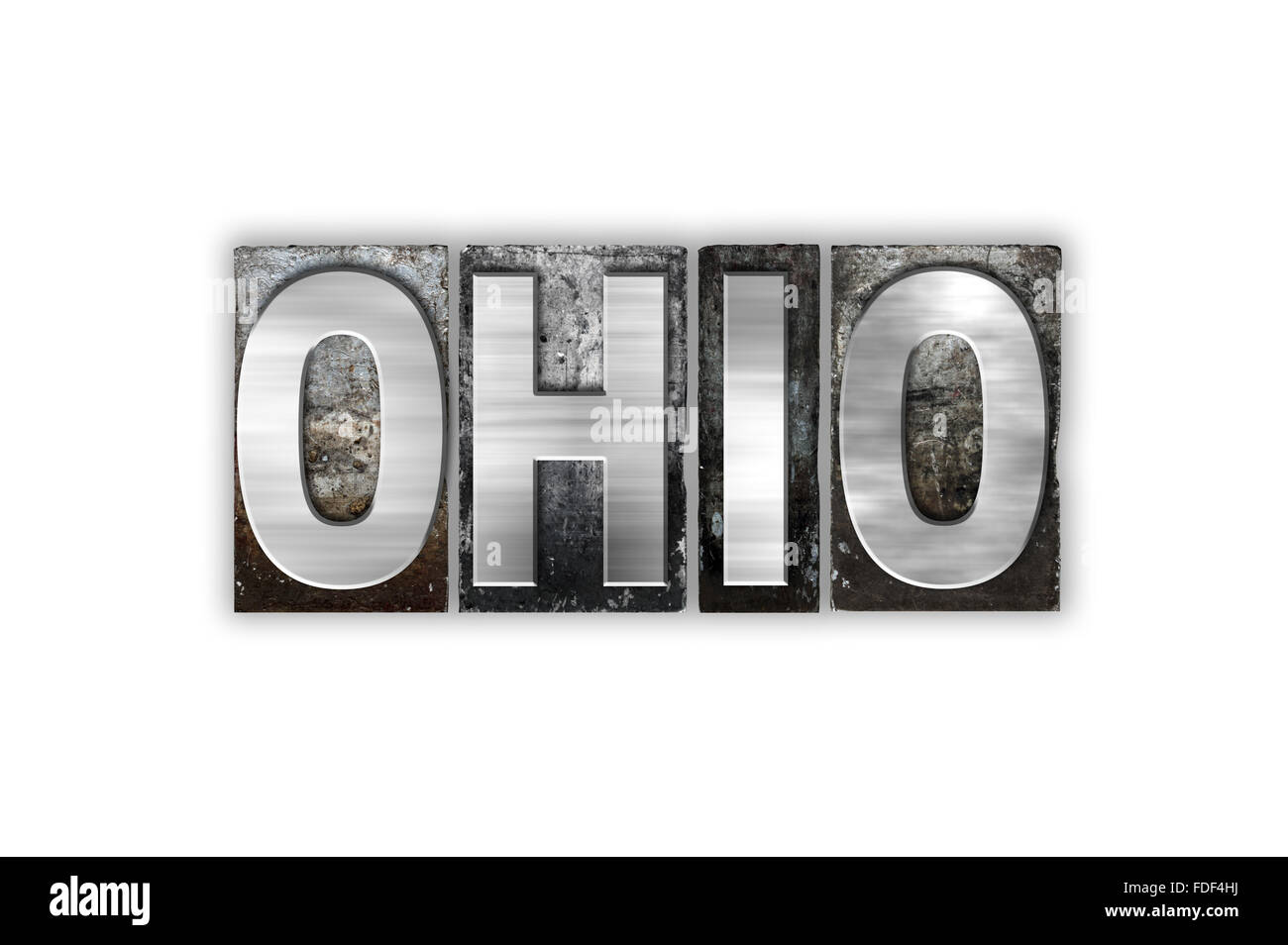 Le mot "Ohio" écrit en metal vintage type typographique isolé sur un fond blanc. Banque D'Images