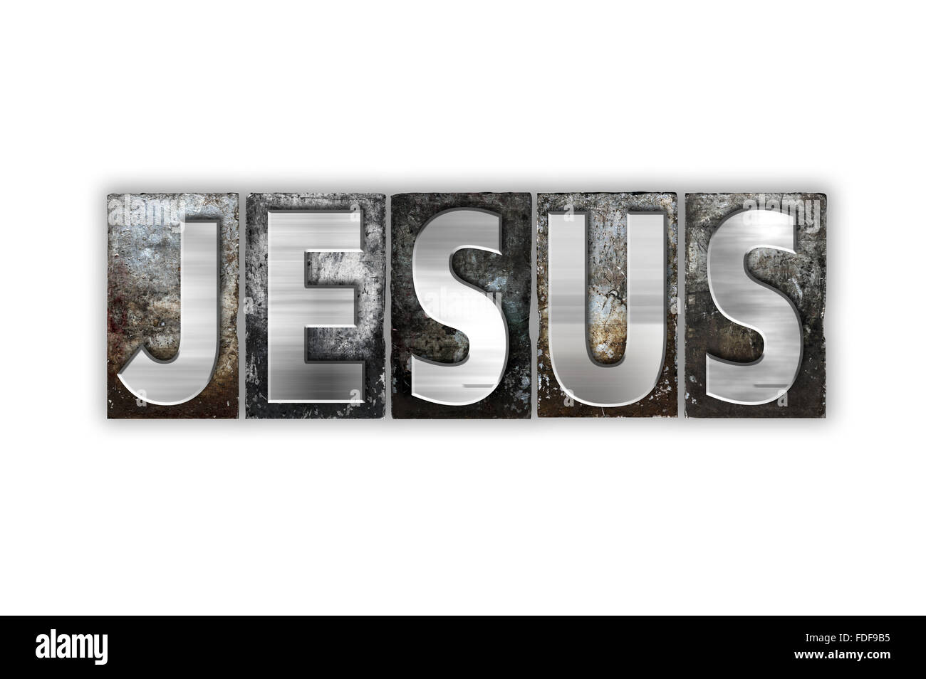 Le mot 'Jésus' écrit en metal vintage type typographique isolé sur un fond blanc. Banque D'Images