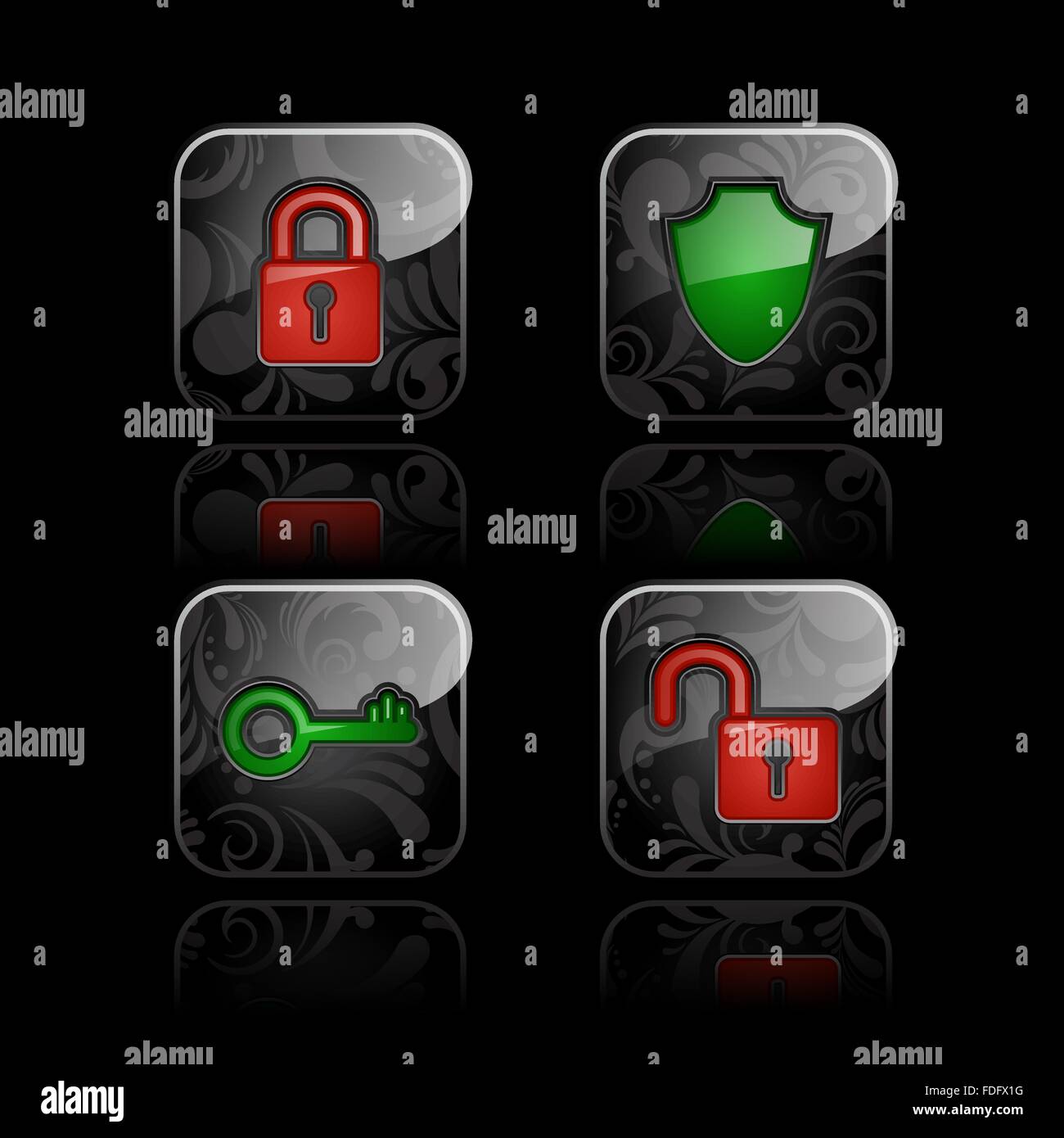 Ensemble d'icônes de sécurité. Bouton floral brillant avec reflection sur fond noir Illustration de Vecteur