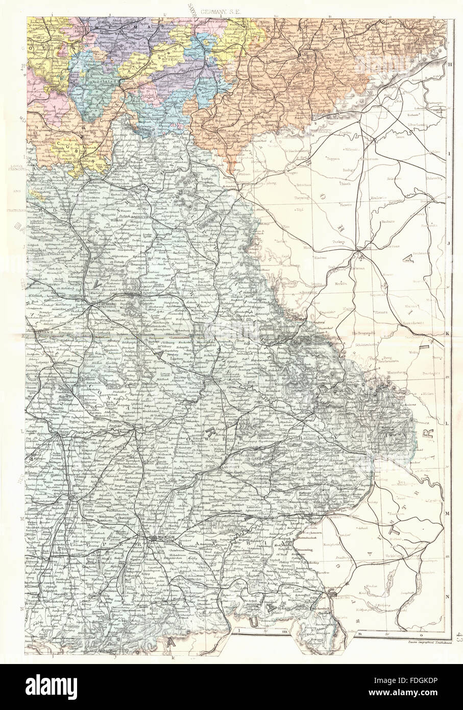 BAVARIA : sud-est de l'Empire allemand. Bavière Munich Nurnberg. Bacon, 1895 map Banque D'Images