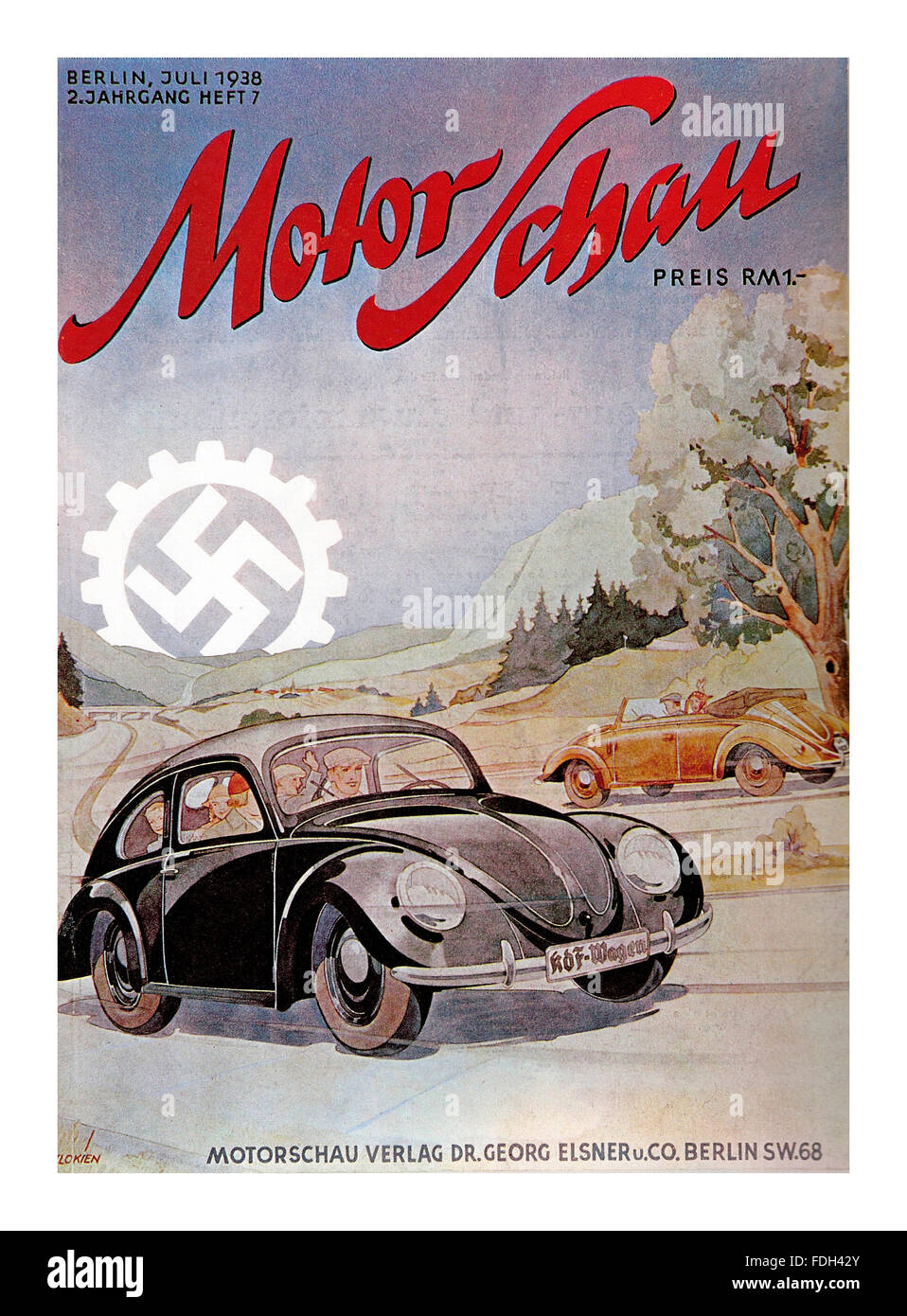 Svastika HITLER Motor Show VOLKSWAGEN magazine couvrir Berlin Allemagne 1938 avec Volkswagen et mécanisés croix gammée comme motif lumineux en arrière-plan Banque D'Images