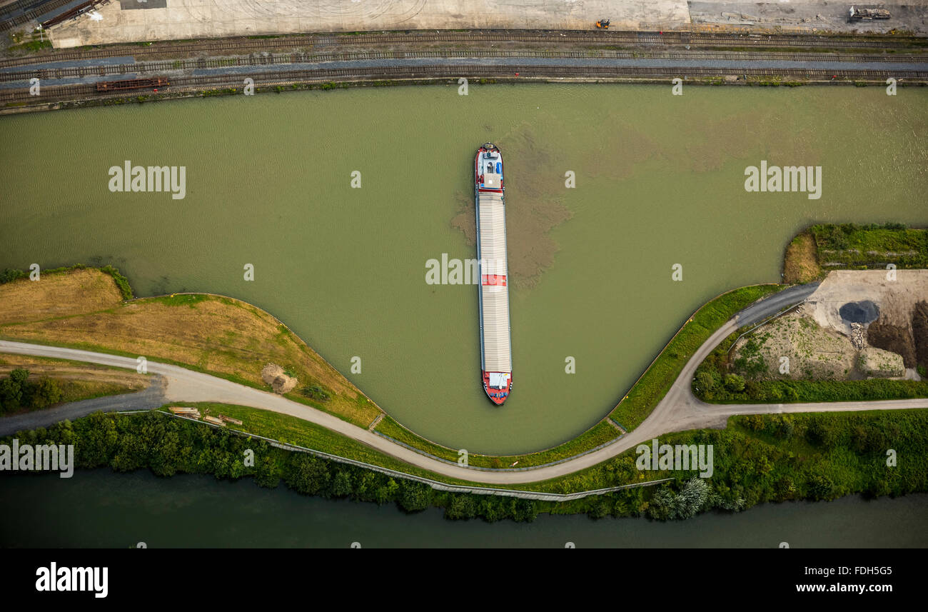 Vue aérienne, avec canal Datteln-Hamm navire d'évitage, bassin de virage, la navigation intérieure, cargo, Marteau, Hamm, port Banque D'Images