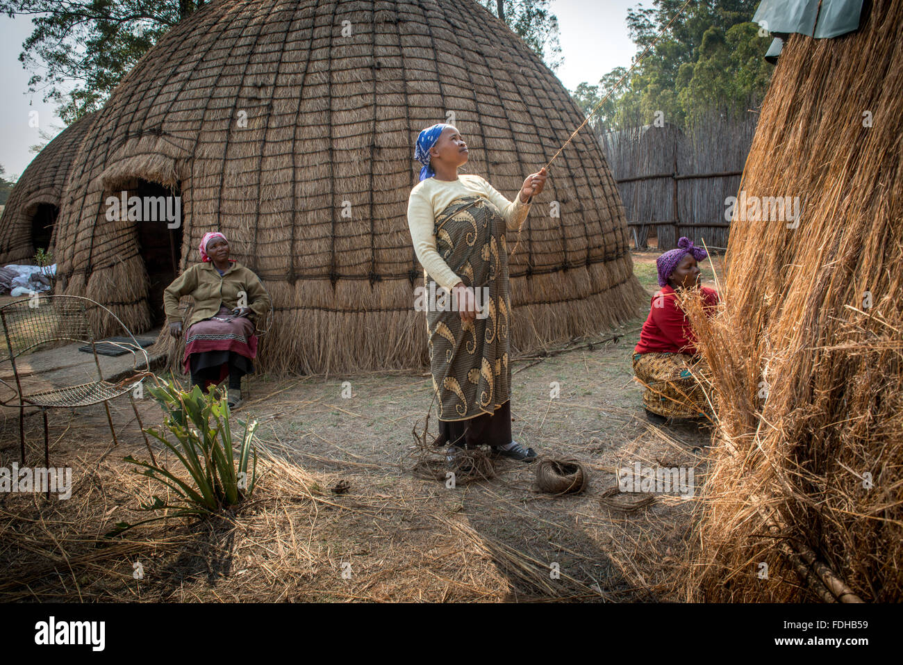 Femmes africaines qui s beehive huts au Mlilwane Wildlife Sanctuary au Swaziland l'Afrique. Banque D'Images
