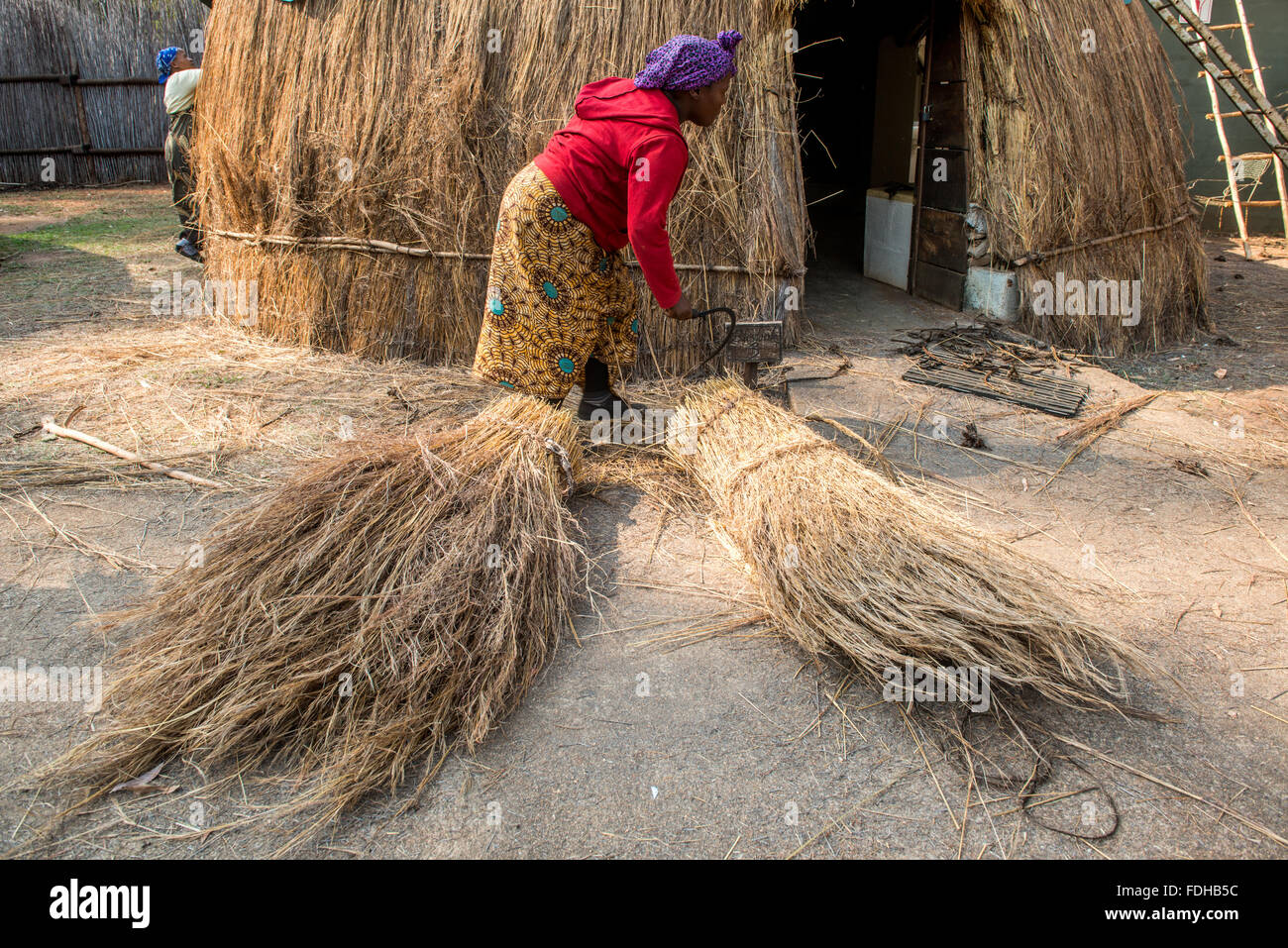 Femmes africaines qui s beehive huts au Mlilwane Wildlife Sanctuary au Swaziland l'Afrique. Banque D'Images