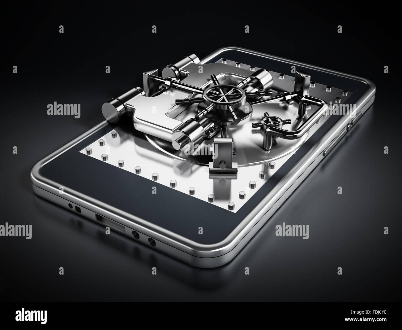 Voûtée d'argent porte de sécurité de l'écran du smartphone sur fond noir. Banque D'Images