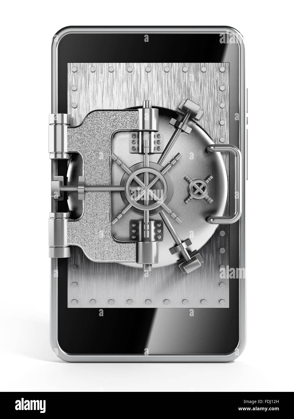 Voûtée d'argent porte de sécurité de l'écran du smartphone isolé sur fond blanc. Banque D'Images