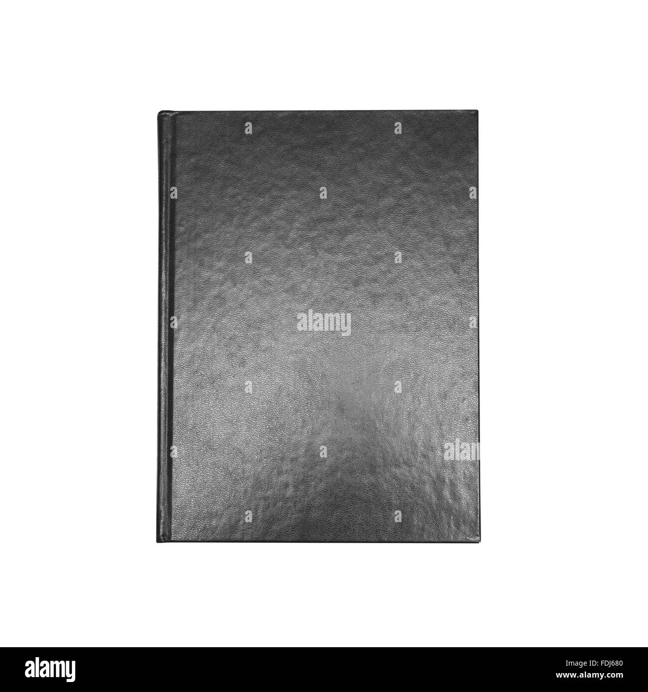 Livre avec couverture en cuir noir vide isolé sur fond blanc Banque D'Images