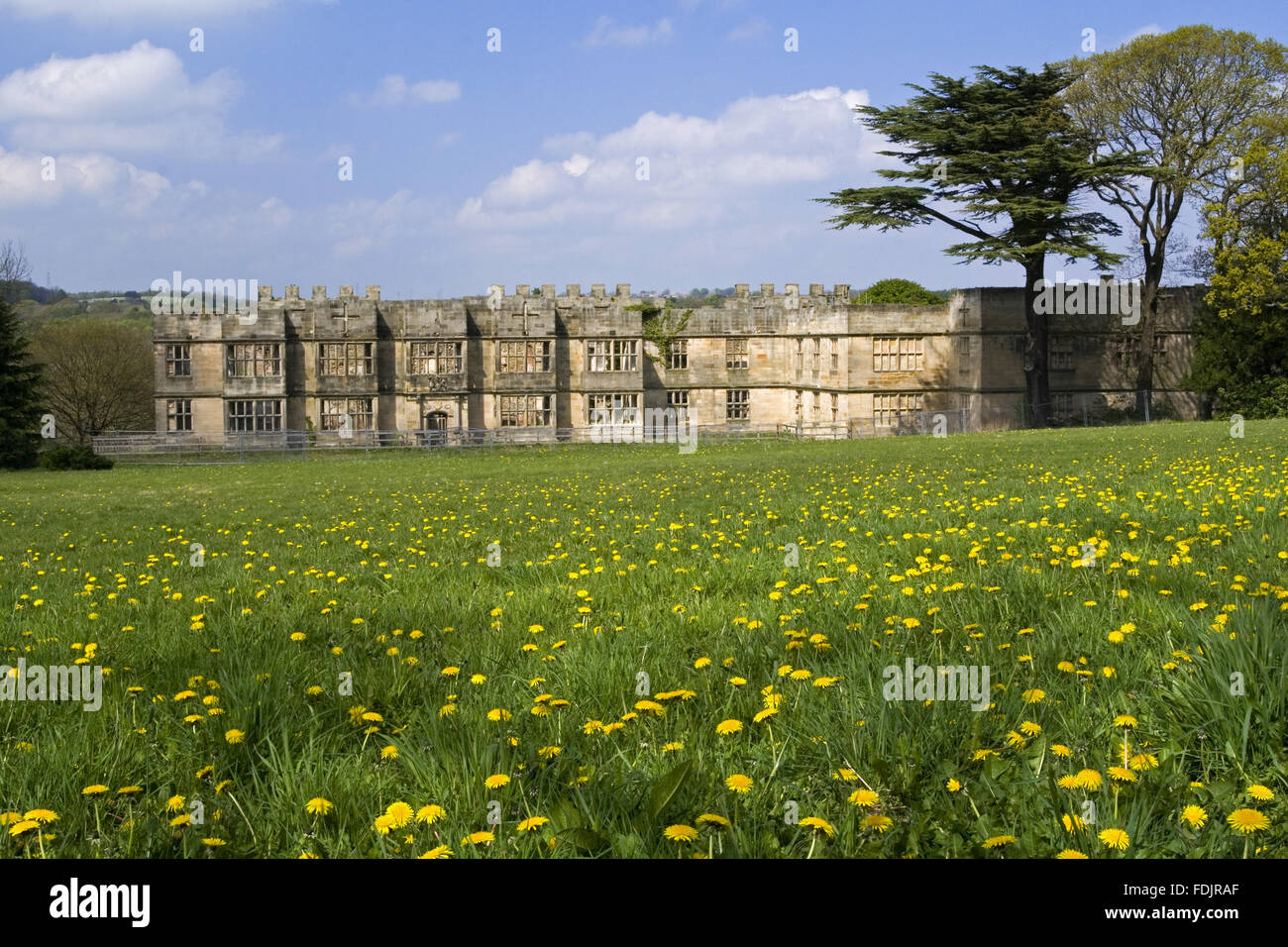 Vue sur une prairie de fleurs sauvages vers le Hall, construit entre 1603 et 1620, avec des modifications à la fois dans les 18e et 19e siècles, à The Green Lawns, Newcastle upon Tyne. George Bowes a hérité de la succession en 1722 et les motifs paysagers autour de Gibside Hall. Banque D'Images