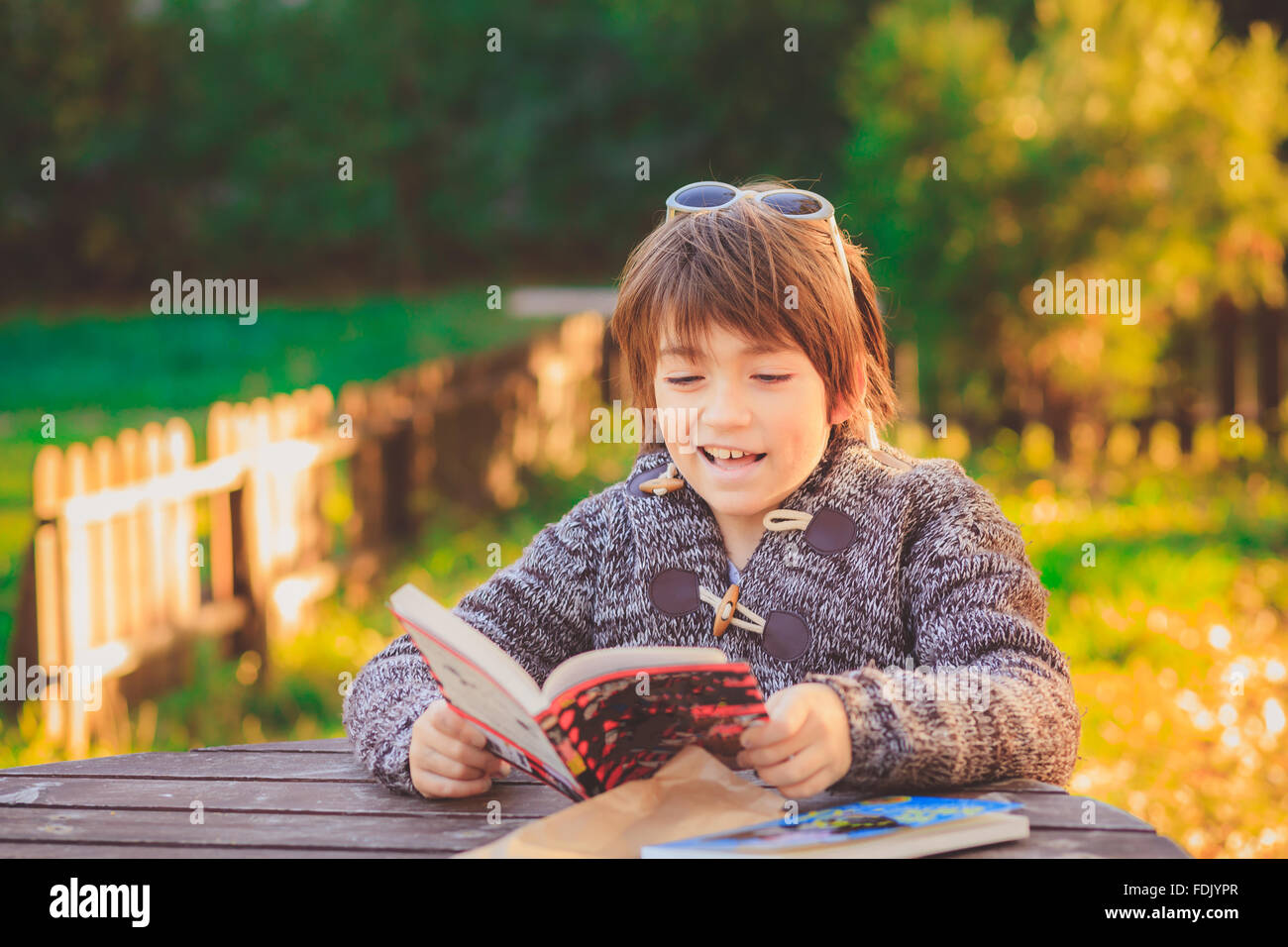 Boy reading book in garden Banque D'Images
