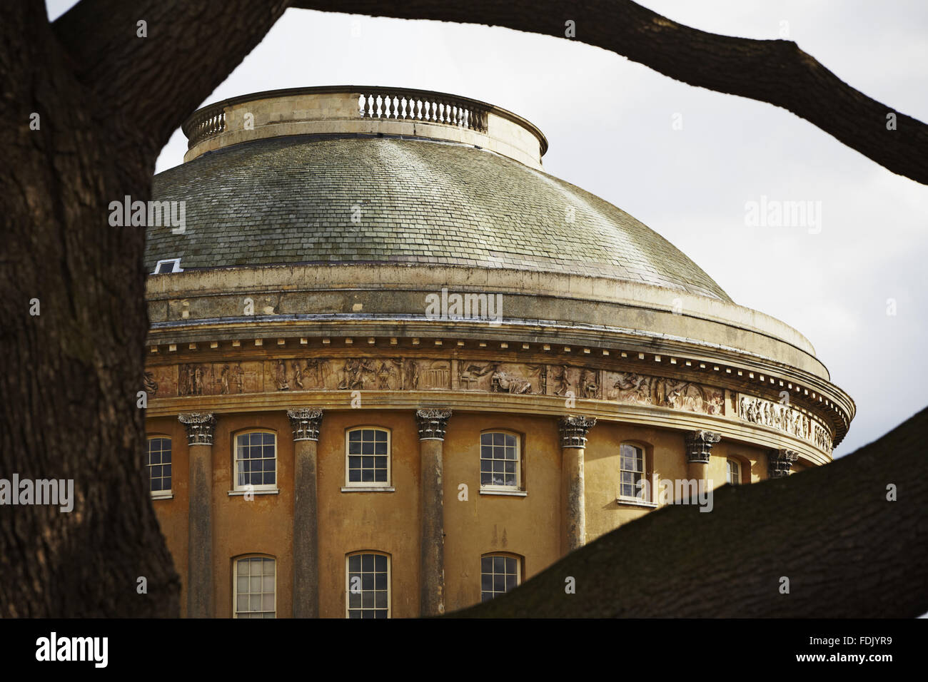 Vue extérieure de la Rotonde encadrée par des branches d'arbre à Bürchen, dans le Suffolk. La maison a été commencé en 1795 mais pas terminé jusqu'à 1830, avec une coupole rotonde avec colonnes classcial et frises et des couloirs reliant courbes ailes rectangulaires de chaque côté. Banque D'Images