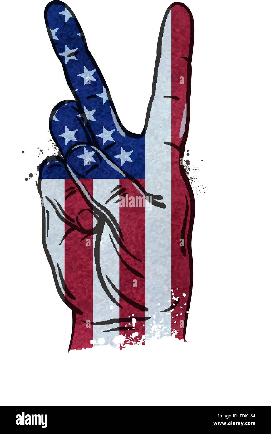 Geste de la main la victoire et USA drapeau sur un fond blanc. vector illustration Illustration de Vecteur