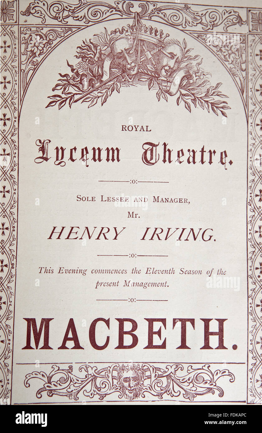 Détail d'un prospectus à Smallhythe Place, Kent, l'annonce d'une production de Macbeth au Royal Lyceum Theatre géré par Henry Irving. Banque D'Images