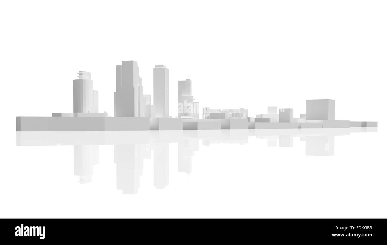 Paysage urbain moderne abstrait d'horizon. Modèle 3d isolé sur fond blanc avec des réflexions sur le fond Banque D'Images