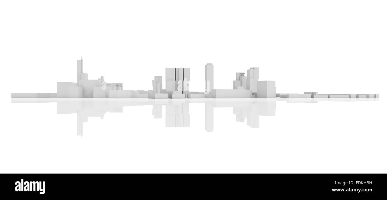 Paysage urbain moderne abstrait d'horizon. Modèle 3d isolé sur fond blanc avec un reflet au sol Banque D'Images