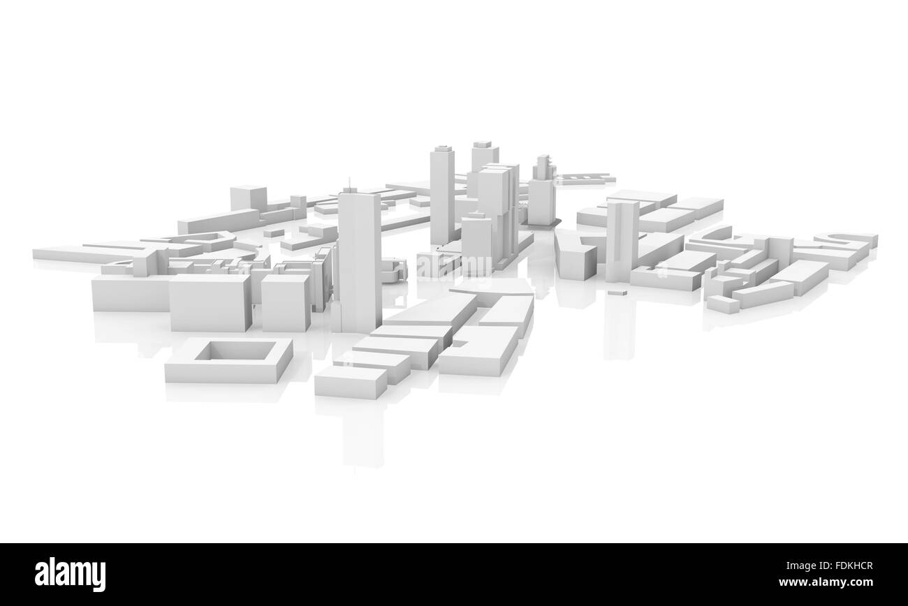 Paysage urbain moderne abstrait 3d model isolé sur fond blanc avec la réflexion Banque D'Images