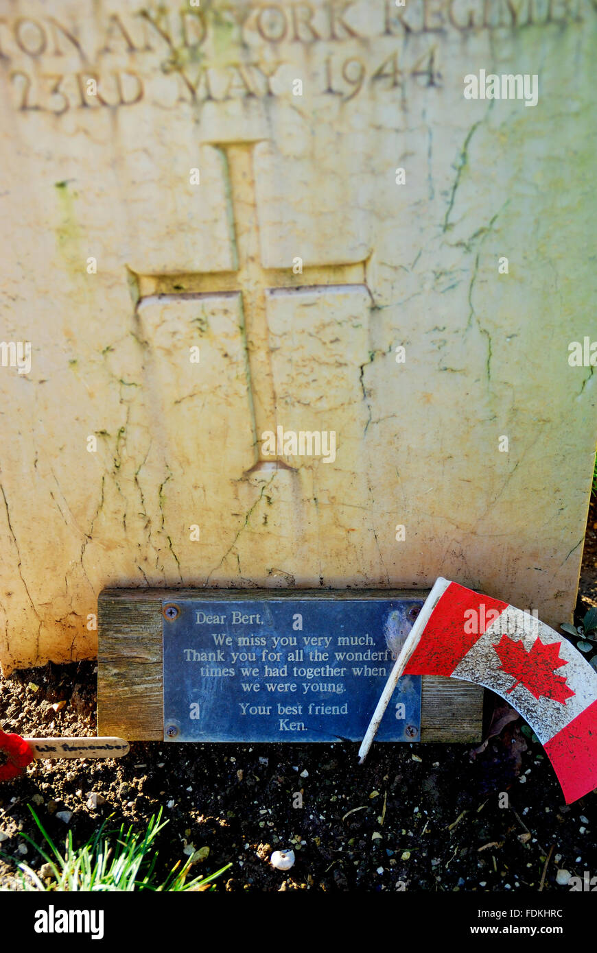 Cimetière de guerre du Commonwealth de Cassino. Les soldats qui sont tombés à la bataille de Monte Cassino durant la Seconde Guerre mondiale y sont enterrés. Il y a 4 266 tombes de soldats du Royaume-Uni, Canada, Australie, Nouvelle-Zélande, Afrique du Sud, l'Inde, le Népal et le Pakistan et un soldat de l'Armée Rouge. 284 d'entre eux n'ont pas été identifiées. La tombe d'un soldat canadien. Banque D'Images