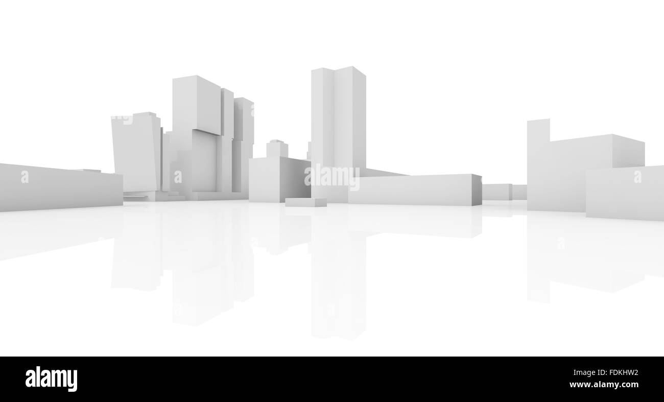 Abstract modern cityscape skyline, modèle 3d isolé sur fond blanc avec un reflet au sol Banque D'Images