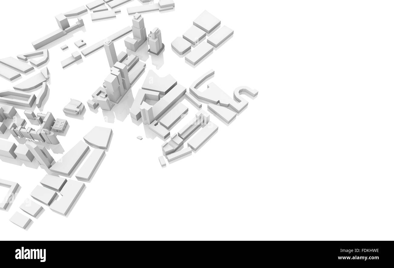 Abstract cityscape modèle 3d isolé sur fond blanc avec un reflet au sol Banque D'Images
