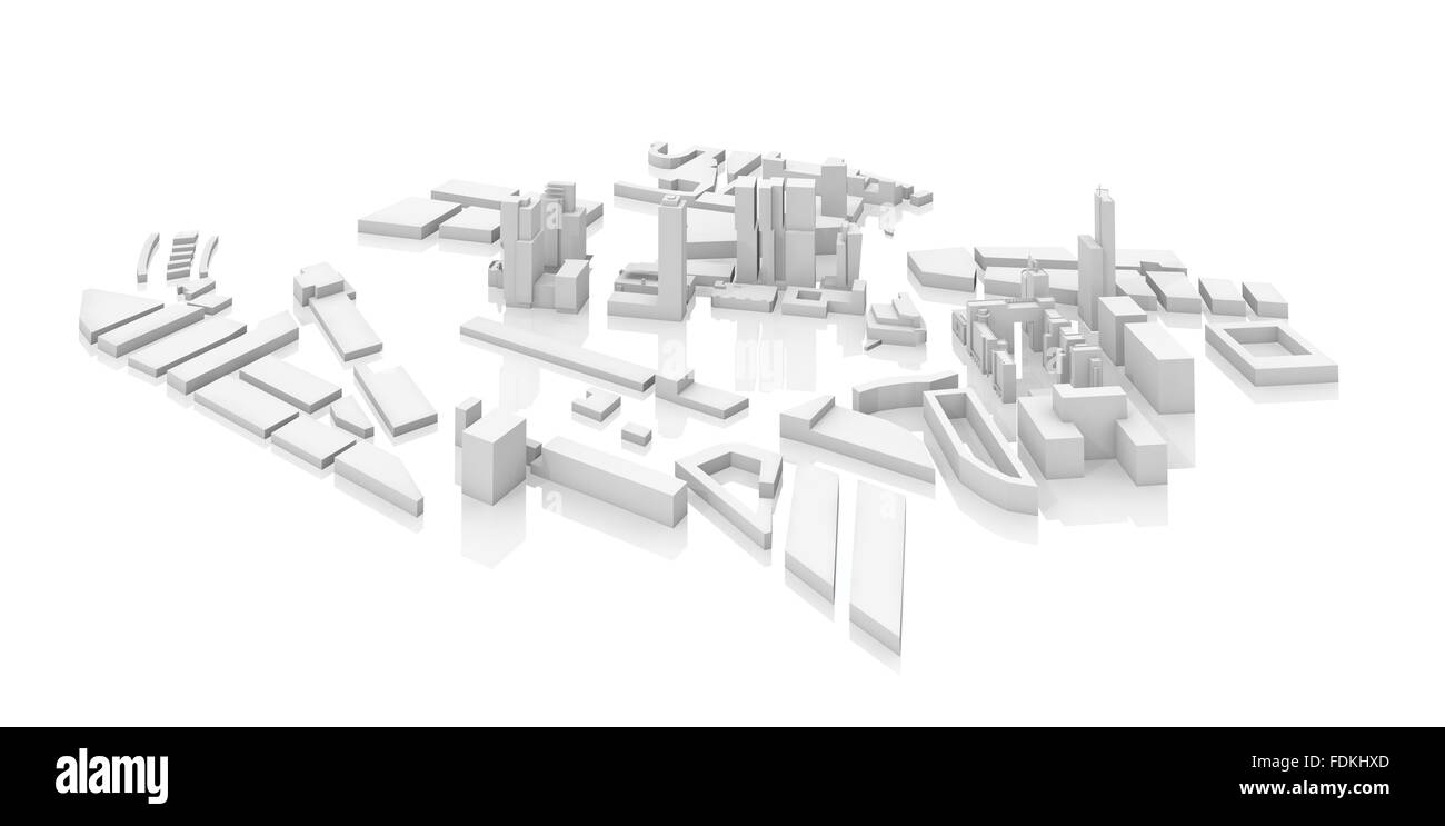 Paysage urbain moderne abstrait 3d model isolé sur fond blanc avec un reflet au sol Banque D'Images