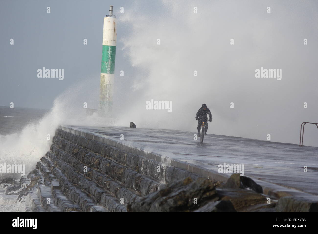 Pays de Galles Aberystwyth UK, 2016, un dare devil fosses cycliste lui-même contre les énormes vagues entraîné par des coups de vent pendant les tempêtes d'hiver Banque D'Images