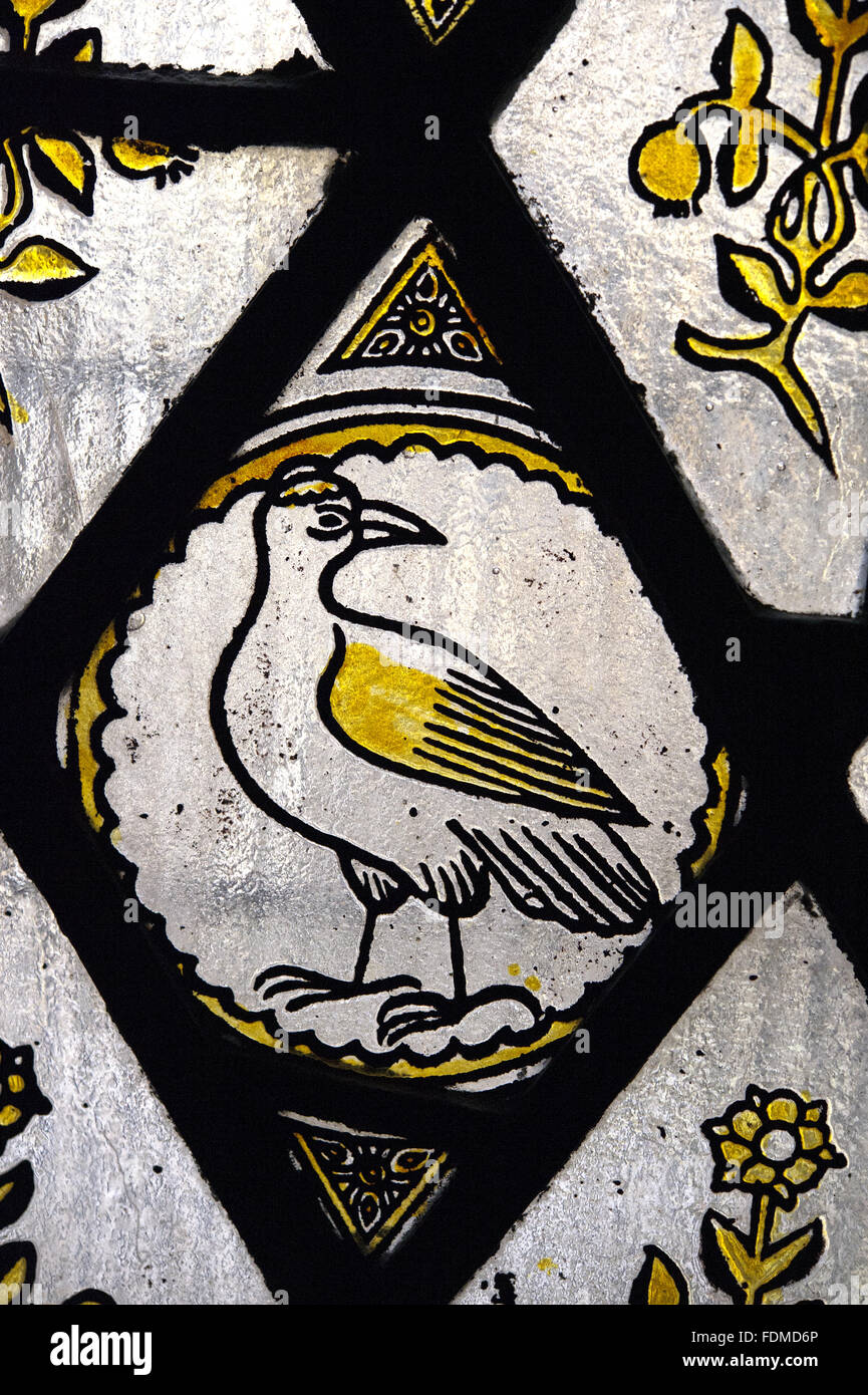 Détail de la fenêtre en verre peint victorien à la recherche dans la cour intérieure de l'extérieur de l'espace extra-cellier à Tyntesfield, Somerset. Banque D'Images