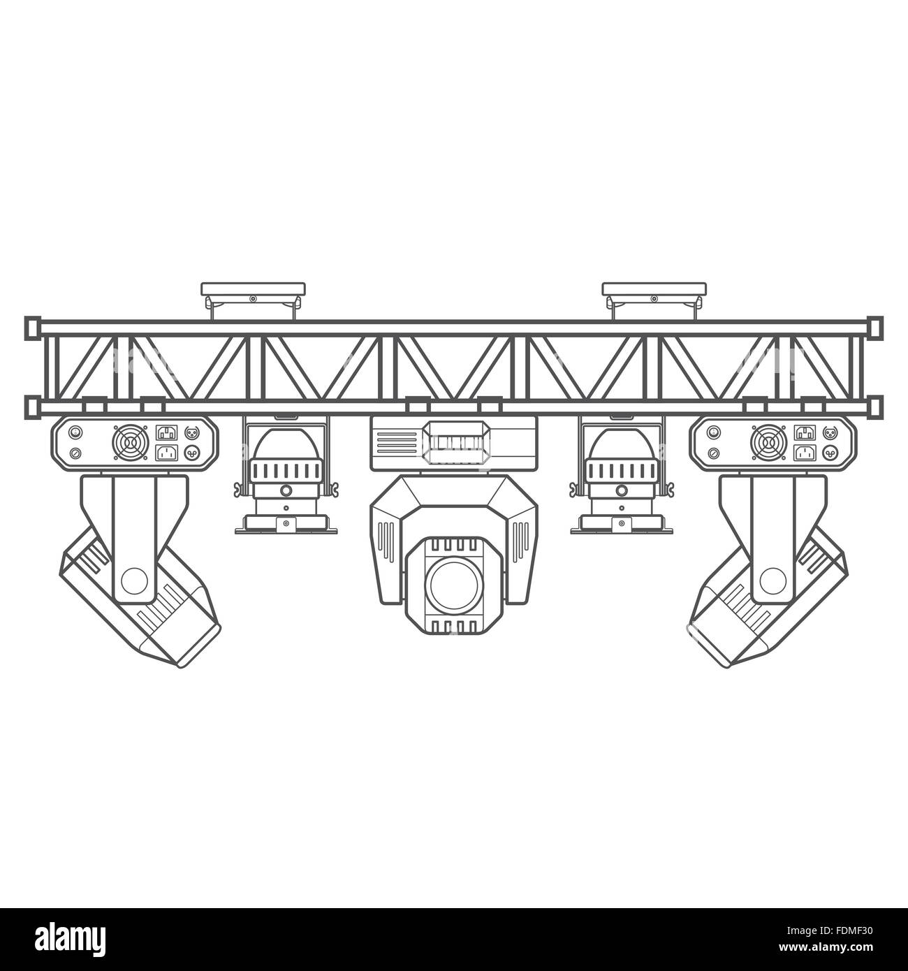 Contour monochrome vecteur cadre métallique scène truss lighting : tête conduit par différents projecteurs UV isolé position wh Illustration de Vecteur