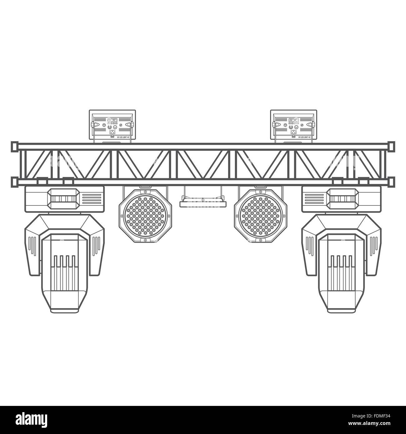 Contour monochrome vecteur cadre métallique scène truss lighting : tête conduit par différents projecteurs UV isolé position wh Illustration de Vecteur
