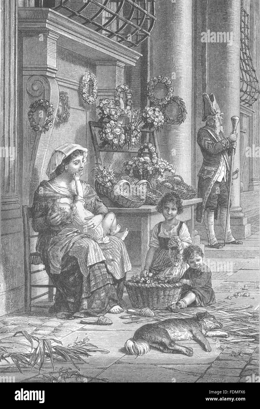 ROME : Roman Flower- vendeur, antique print 1877 Banque D'Images