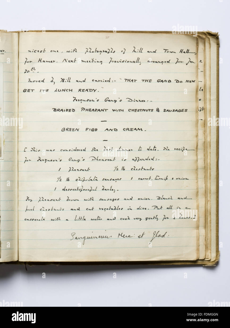 Photographie d'une page du "Boo" (livre) détaillant un déjeuner recette de Ferguson de la bande qui étaient un groupe de bienfaiteurs anonymes actif durant les années 1930. Banque D'Images