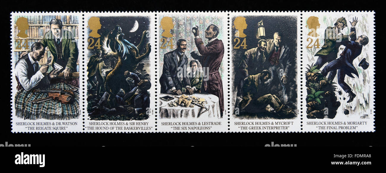 Les timbres-poste. La Grande-Bretagne. La reine Elizabeth II. 1993. Sherlock Holmes. Centenaire de "Le dernier problème". Banque D'Images