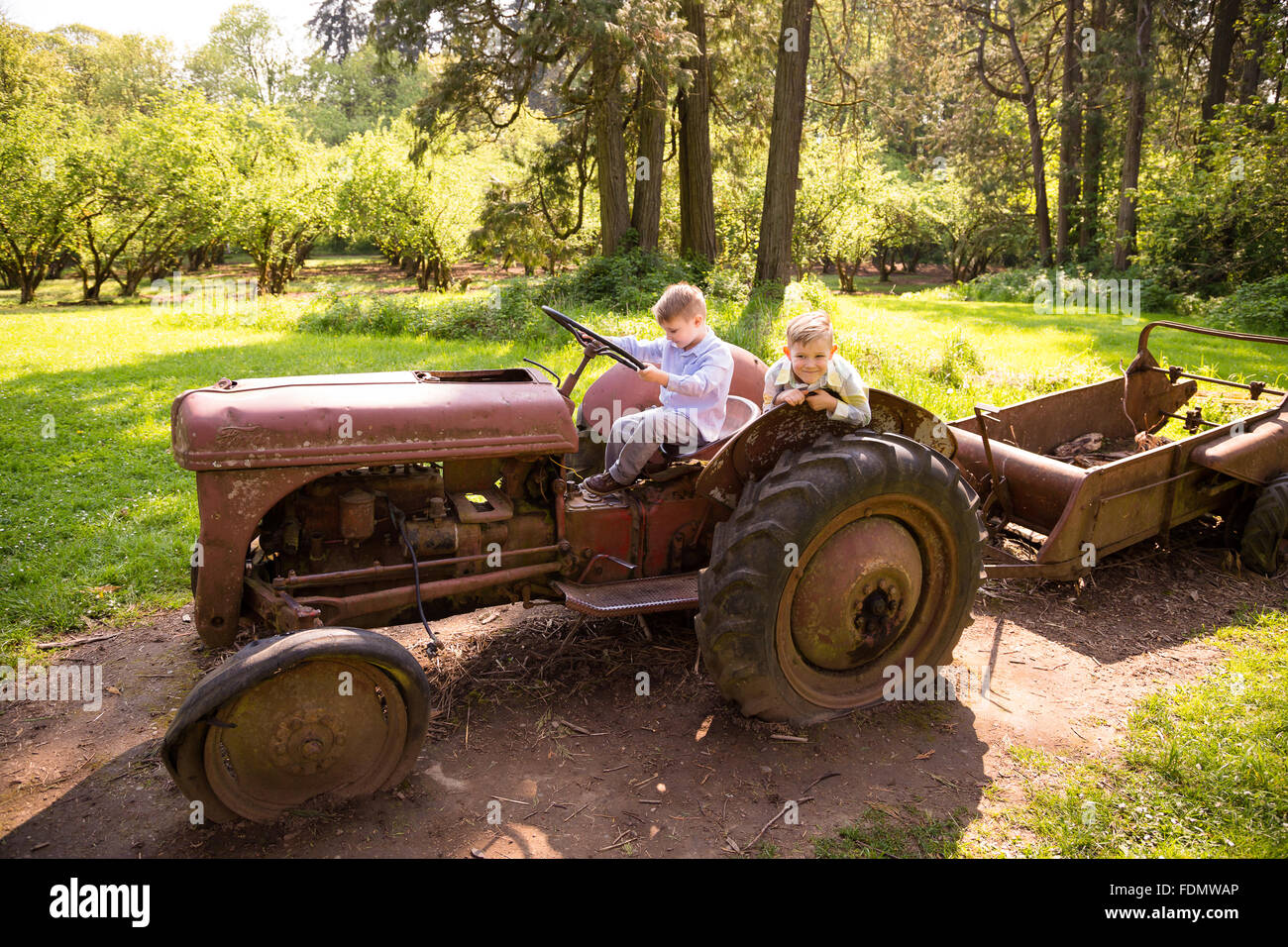 Deux frères ensemble à l'extérieur dans un style de portrait en lumière naturelle. Banque D'Images