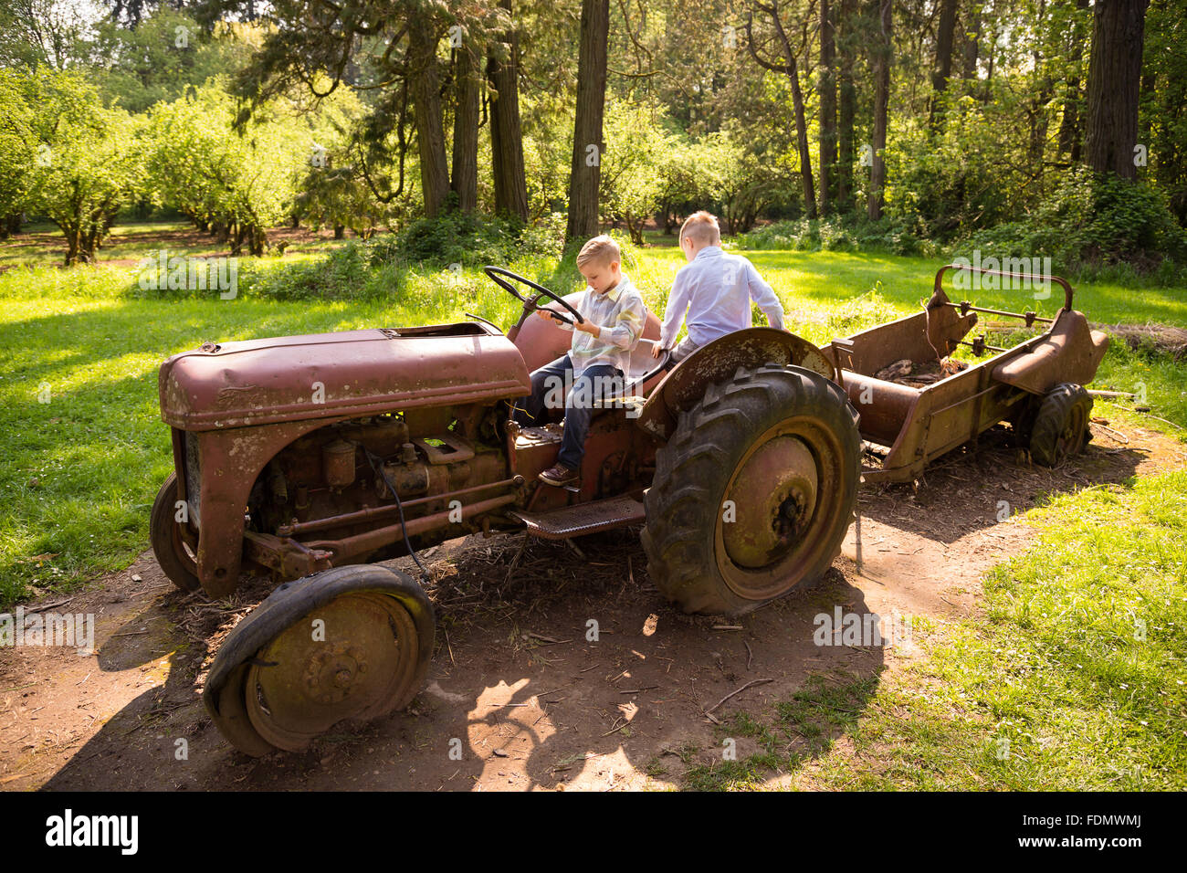 Deux frères ensemble à l'extérieur dans un style de portrait en lumière naturelle. Banque D'Images