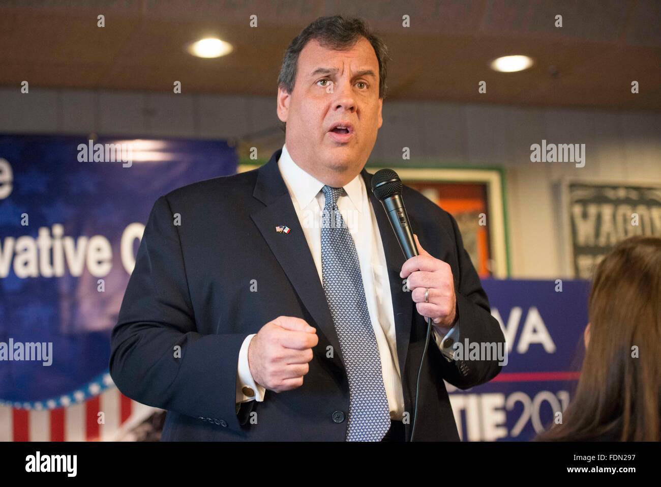 Des Moines, Iowa, USA. 1er février, 2016. Le jour du caucus de l'Iowa, le candidat présidentiel républicain Gov. CHRIS CHRISTIE parle de la Westside Club conservateur à Machine Shed restaurant. (Crédit Image : © Sayles Evan/ZUMA Press) Banque D'Images