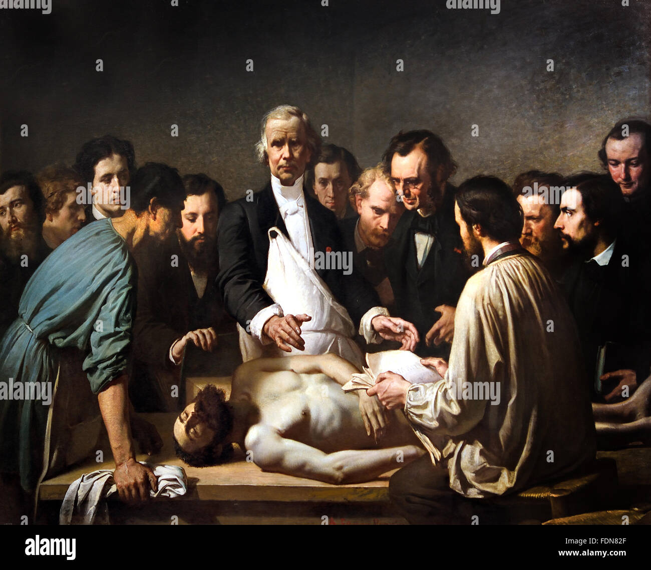 Velpeau effectuera l'autopsie d'un cadavre à l'hôpital de la charité" ( fait référence à la peinture de Rembrandt, la leçon d'Anatomie ) Auguste Feyen-Perrin (1826-1888) France Le français ( la leçon d'Anatomie du Dr Nicolaes Tulp 1632 Harmenz Rembrandt van Rijn ) Banque D'Images