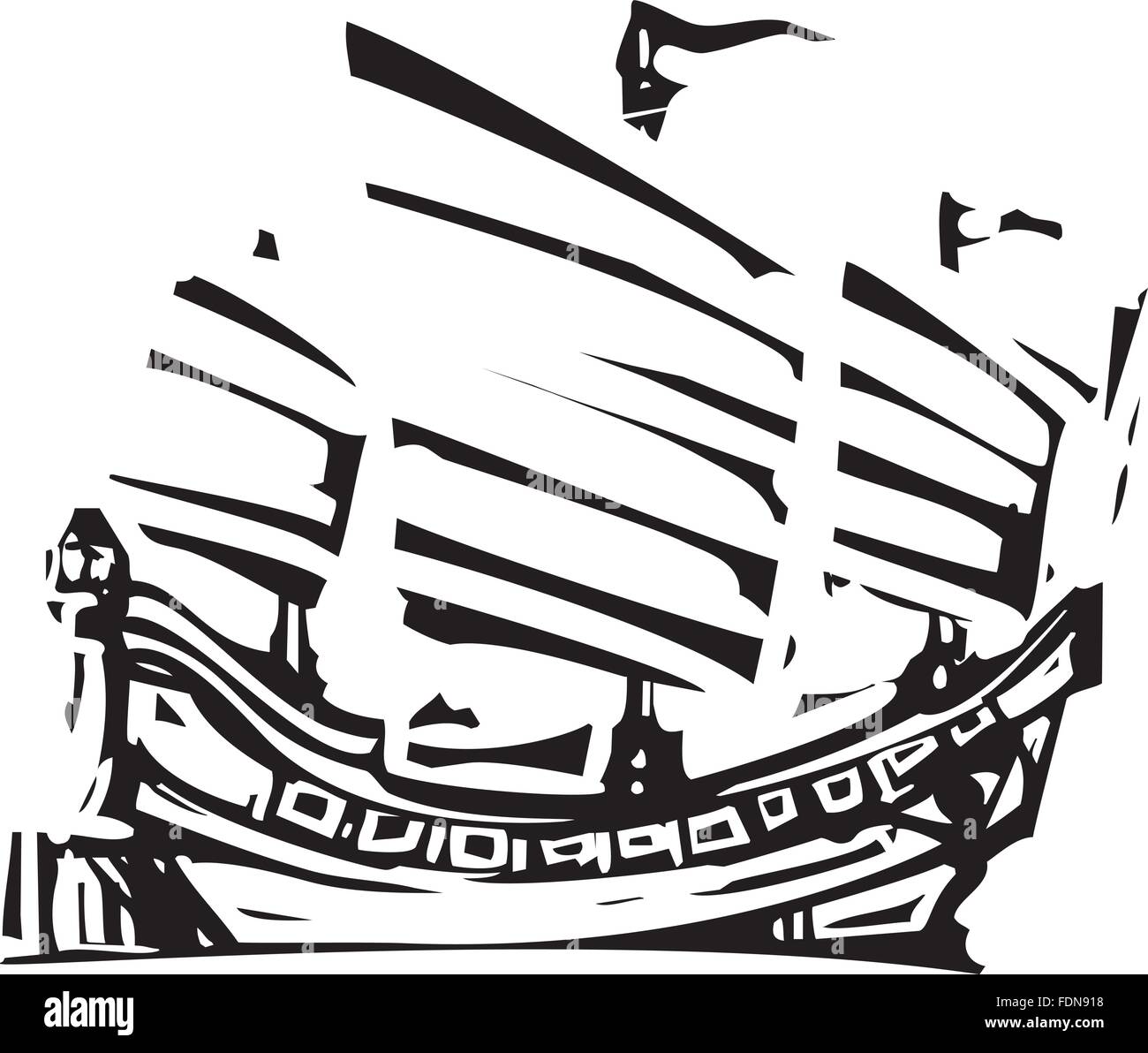 Image style de gravure sur bois voilier chinois junk Illustration de Vecteur