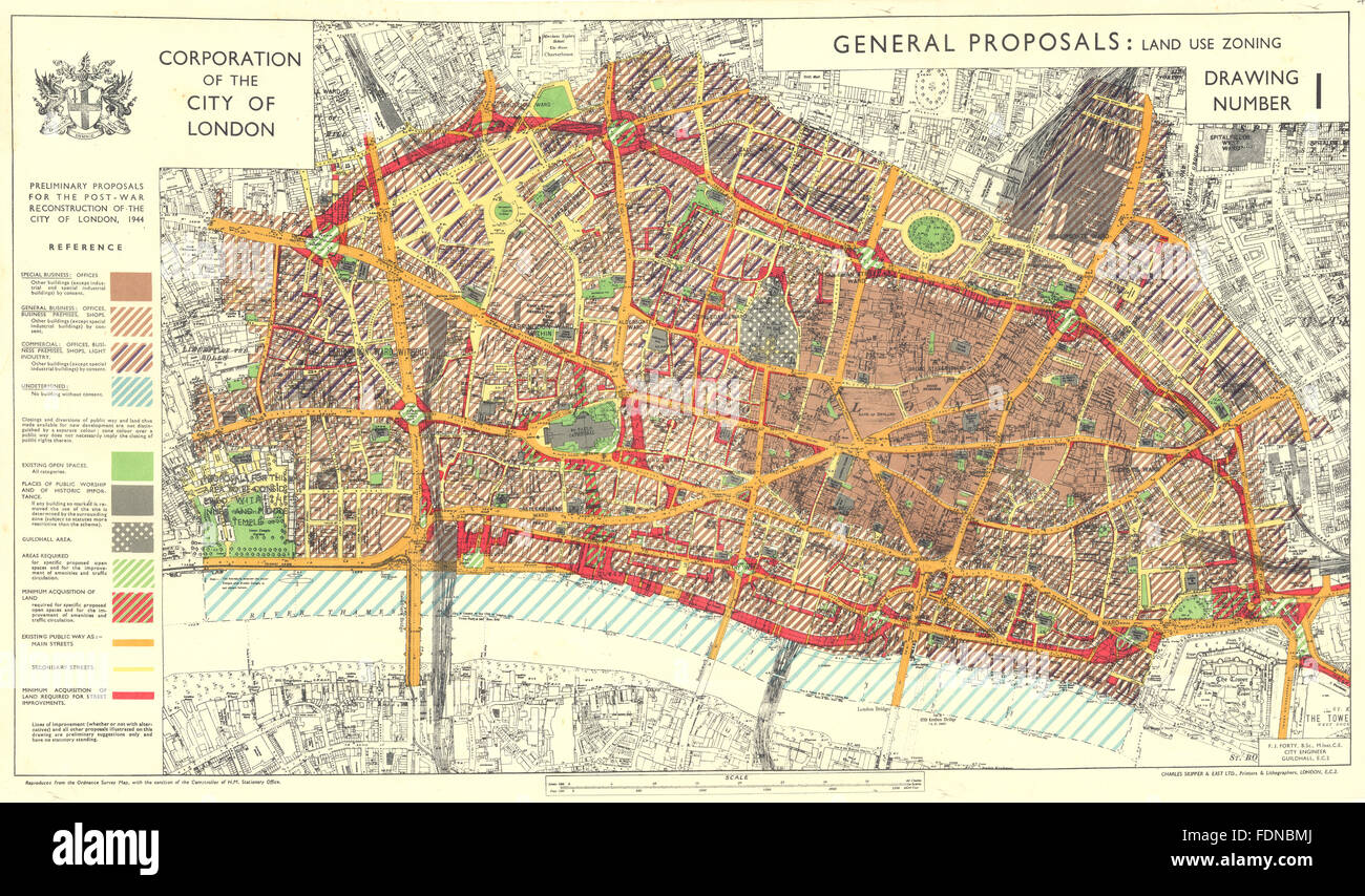 Ville de Londres.La reconstruction après la guerre. Des propositions. L'UTILISATION DES SOLS, zonage carte 1944 Banque D'Images