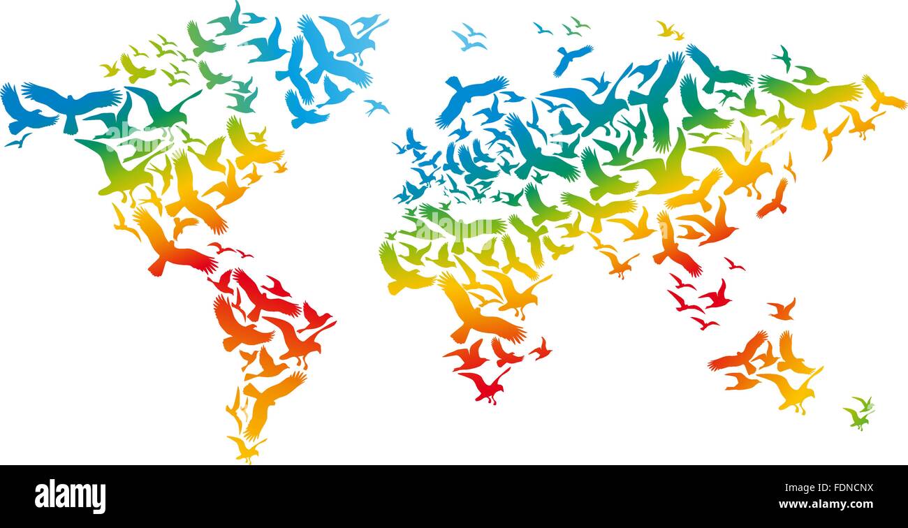 Carte du monde avec des oiseaux en vol, vector illustration Illustration de Vecteur