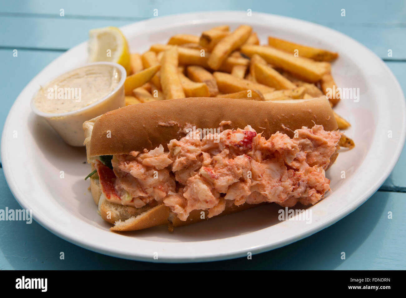 Un rouleau de homard servi avec des frites à Halifax, au Canada. Le plat est servi avec du citron et de la sauce tartare. Banque D'Images